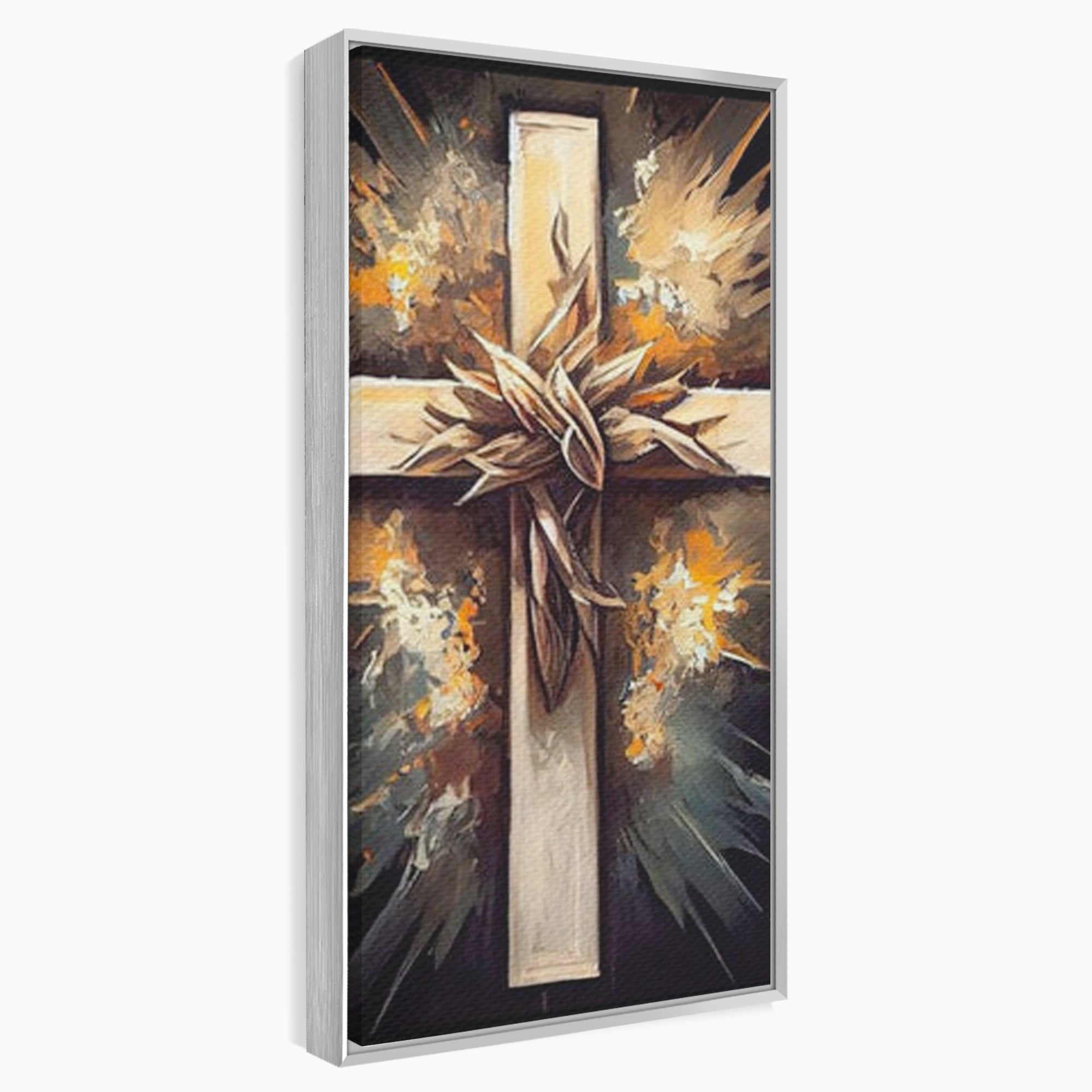 Tablou canvas cu tablou canvas cu o cruce si coroana de spini, in rama de aluminiu argintiu